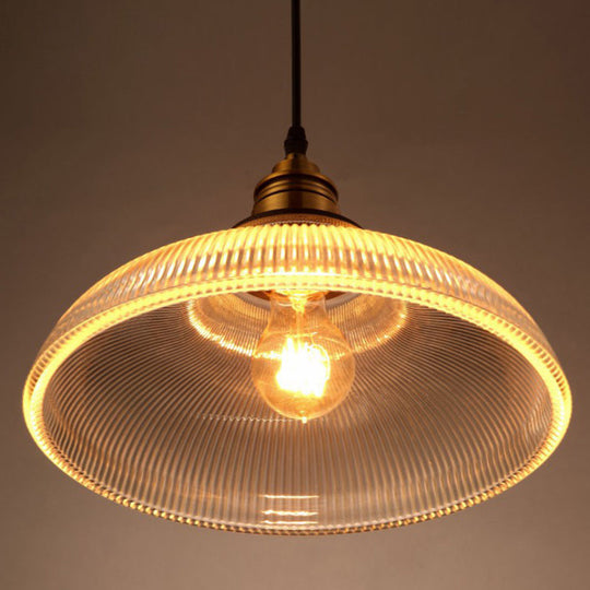 Cafe Pendant Lighting: Retro Bowl Shaped Clear Striped Glass Lamp with Brass Finish