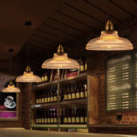 Cafe Pendant Lighting: Retro Bowl Shaped Clear Striped Glass Lamp with Brass Finish