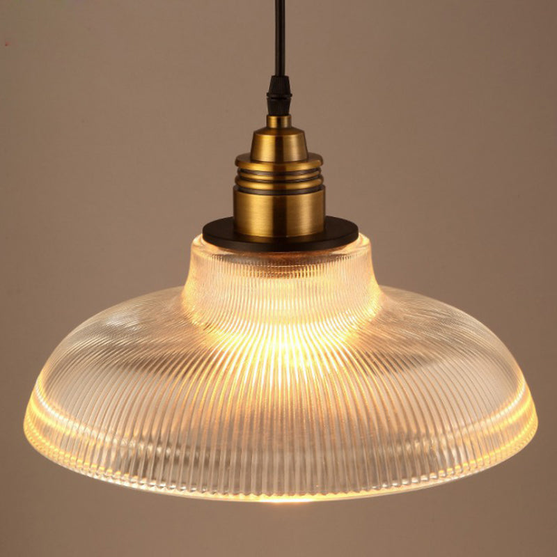 Cafe Pendant Lighting: Retro Bowl Shaped Clear Striped Glass Lamp with Brass Finish