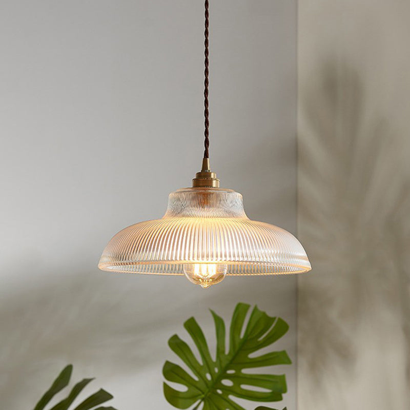 Cafe Pendant Lighting: Retro Bowl Shaped Clear Striped Glass Lamp with Brass Finish