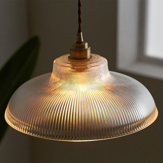 Cafe Pendant Lighting: Retro Bowl Shaped Clear Striped Glass Lamp with Brass Finish