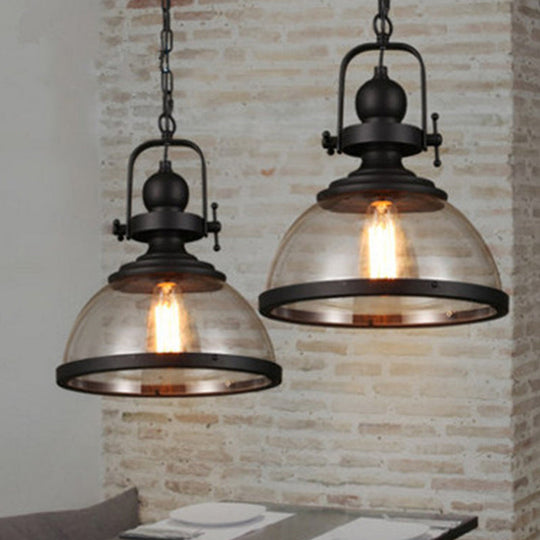 Industrial Style Pot Lid Pendant Lamp with Clear Glass Ceiling Fixture in Black