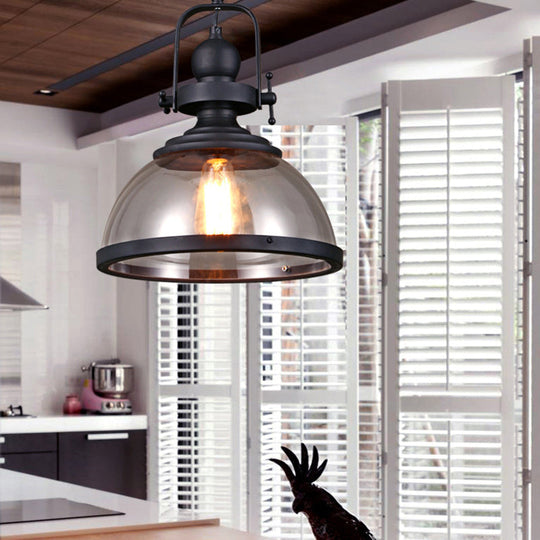 Industrial Style Pot Lid Pendant Lamp with Clear Glass Ceiling Fixture in Black