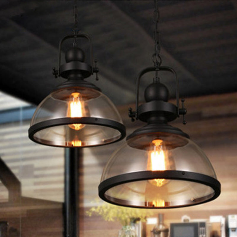 Industrial Style Pot Lid Pendant Lamp with Clear Glass Ceiling Fixture in Black