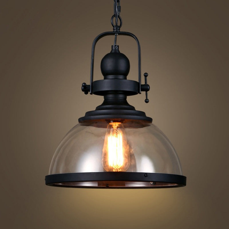 Industrial Style Pot Lid Pendant Lamp with Clear Glass Ceiling Fixture in Black