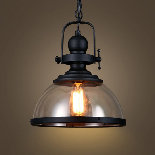 Industrial Style Pot Lid Pendant Lamp with Clear Glass Ceiling Fixture in Black