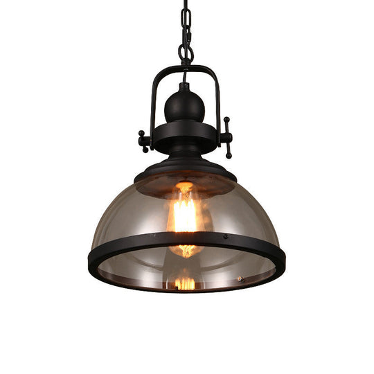 Industrial Style Pot Lid Pendant Lamp with Clear Glass Ceiling Fixture in Black