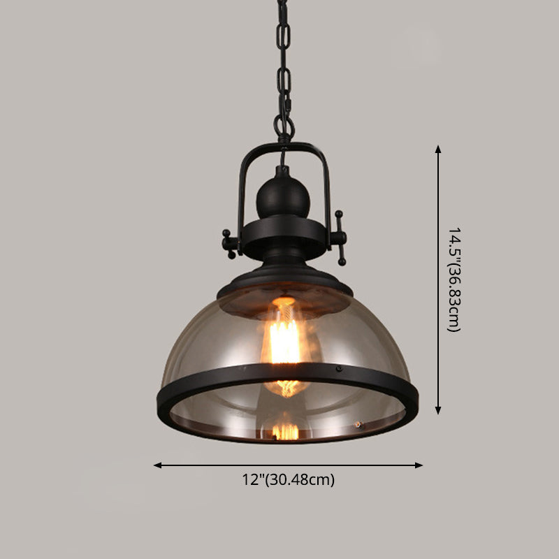 Industrial Style Pot Lid Pendant Lamp with Clear Glass Ceiling Fixture in Black