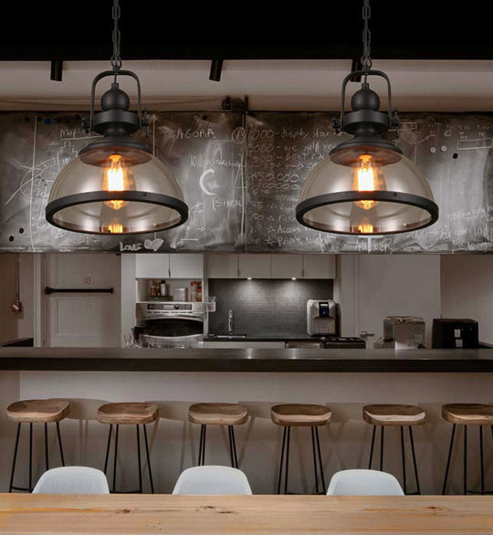 Industrial Style Pot Lid Pendant Lamp with Clear Glass Ceiling Fixture in Black