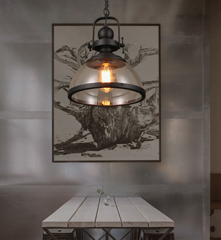 Industrial Style Pot Lid Pendant Lamp with Clear Glass Ceiling Fixture in Black