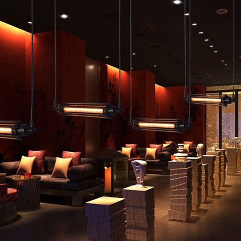 Industrial Black Iron Cage Pendant Light - 1-Bulb Cylindrical Ceiling Fixture for Bars