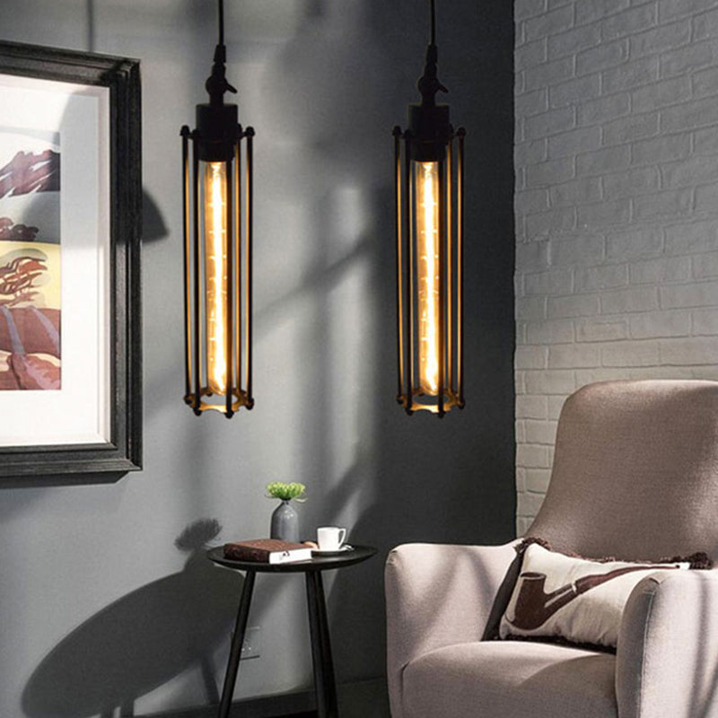 Industrial Black Iron Cage Pendant Light - 1-Bulb Cylindrical Ceiling Fixture for Bars