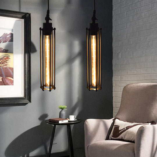 Industrial Black Iron Cage Pendant Light - 1-Bulb Cylindrical Ceiling Fixture for Bars
