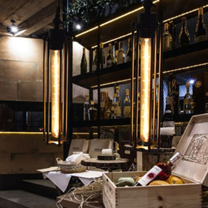 Industrial Black Iron Cage Pendant Light - 1-Bulb Cylindrical Ceiling Fixture for Bars