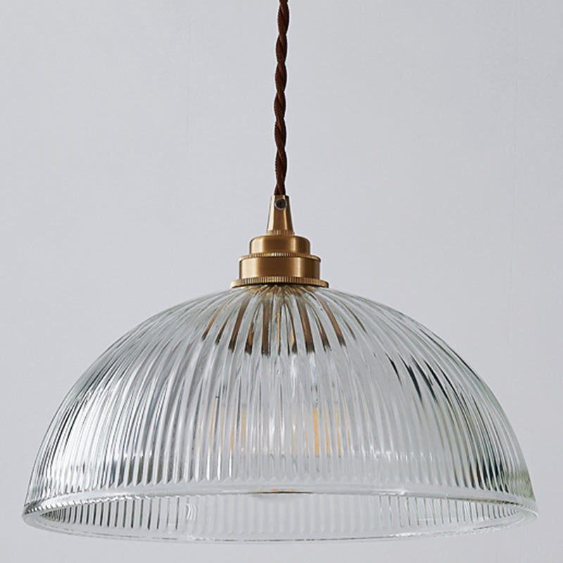 Ribbed Glass Pendant Light - Simplicity Brass Mini Hanging Lamp for Dining Room