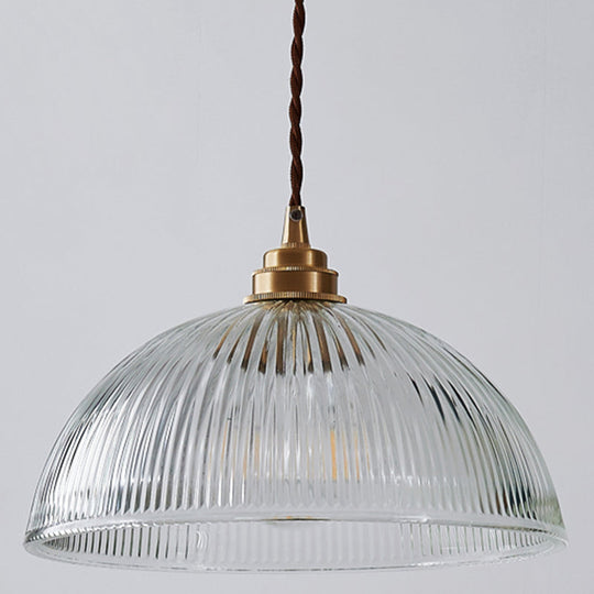 Ribbed Glass Pendant Light - Simplicity Brass Mini Hanging Lamp for Dining Room