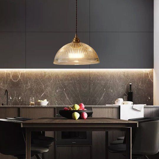 Ribbed Glass Pendant Light - Simplicity Brass Mini Hanging Lamp for Dining Room