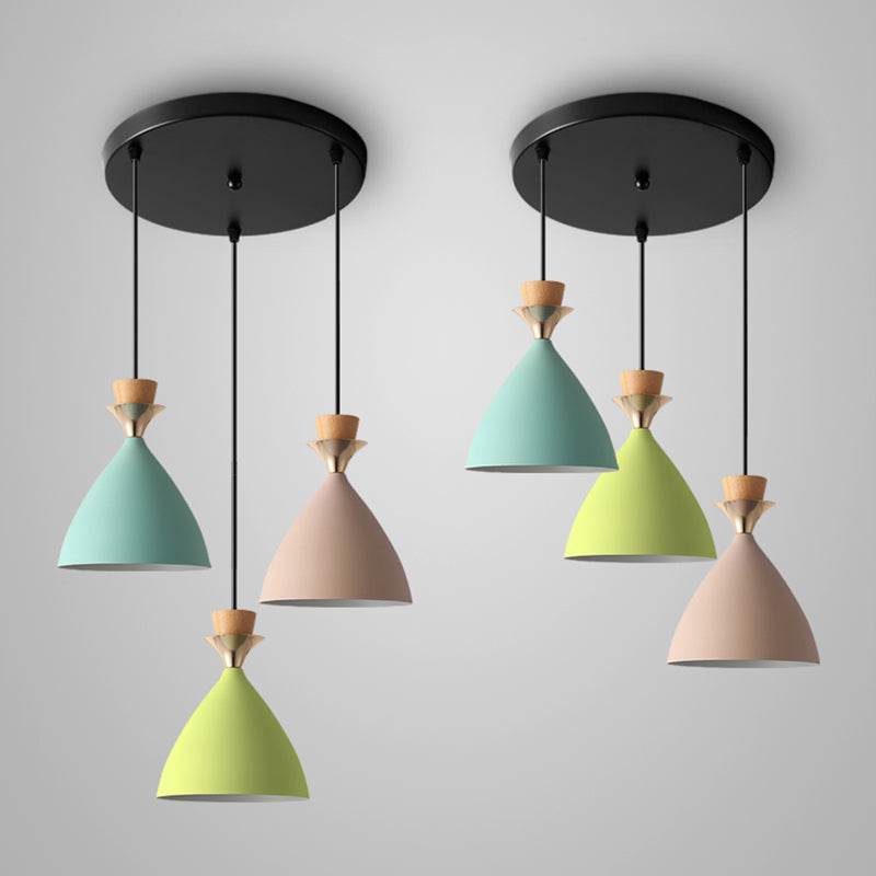Macaroon 3-Light Cluster Pendant: Vibrant Green, Pink, and Yellow Cone Metal Shade Hanging Light with Adjustable 59" Wire