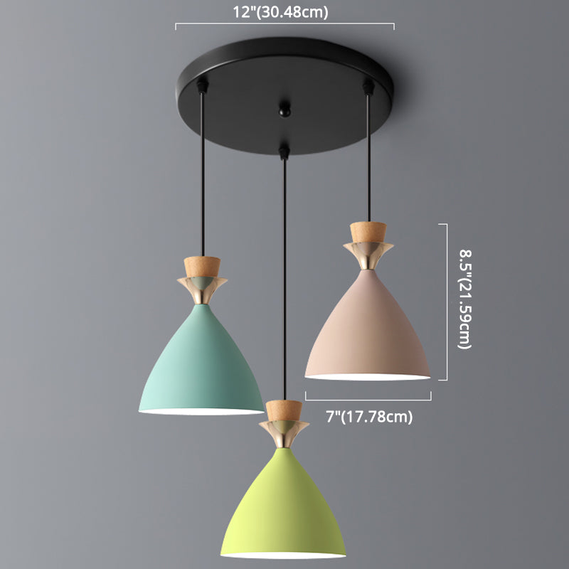Macaroon 3-Light Cluster Pendant: Vibrant Green, Pink, and Yellow Cone Metal Shade Hanging Light with Adjustable 59" Wire