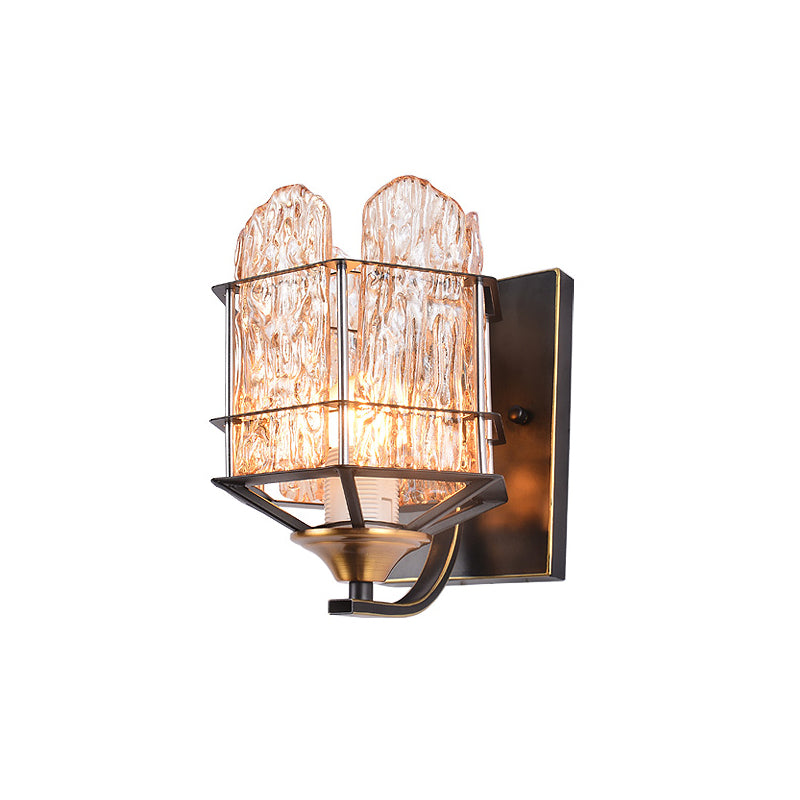 Contemporary Rippled Glass Wall Light Fixture with Metal Cage - Black Finish Flush Mount Sconce