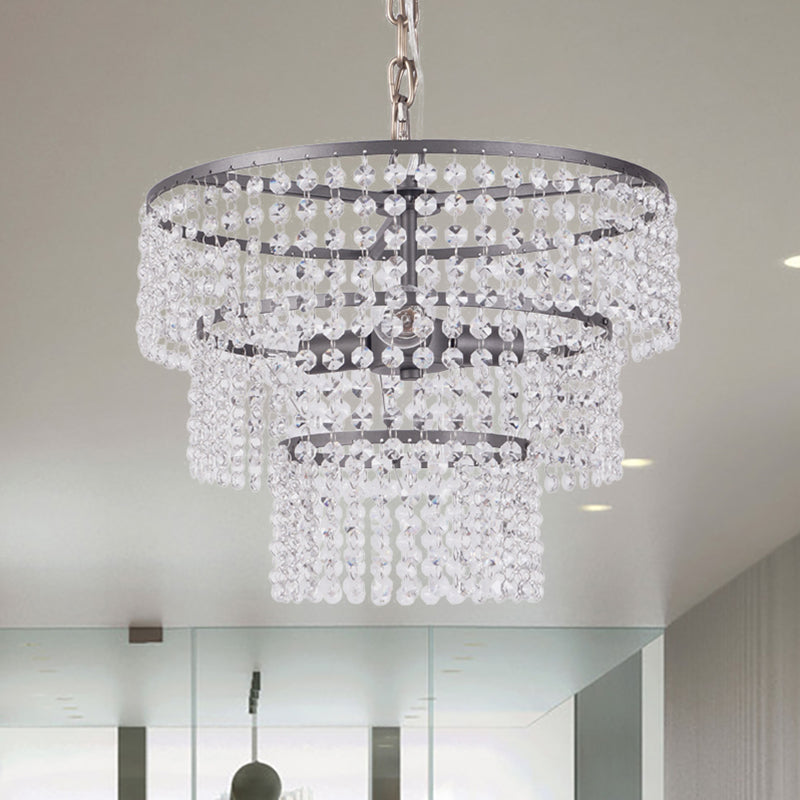 Modern Matte Black 3-Tier Round Hanging Lamp with Clear Crystal Bead Lighting