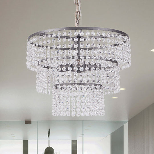 Modern Matte Black 3-Tier Round Hanging Lamp with Clear Crystal Bead Lighting