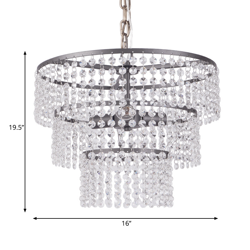 Modern Matte Black 3-Tier Round Hanging Lamp with Clear Crystal Bead Lighting