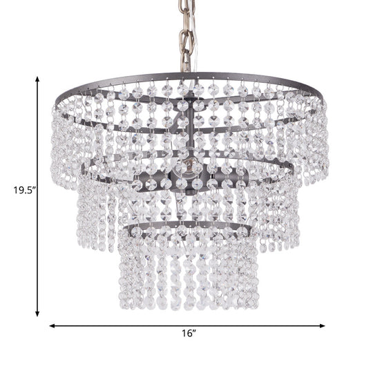 Modern Matte Black 3-Tier Round Hanging Lamp with Clear Crystal Bead Lighting