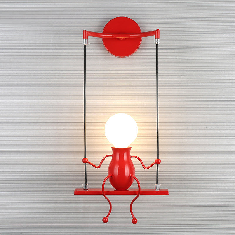 Metal Swing Shape Wall Sconce with Little People Decoration - Modern 1 Light Fixture in Black/White/Red