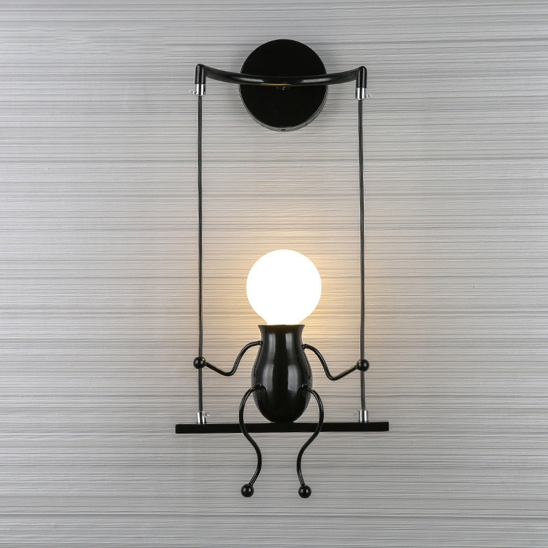 Metal Swing Shape Wall Sconce with Little People Decoration - Modern 1 Light Fixture in Black/White/Red