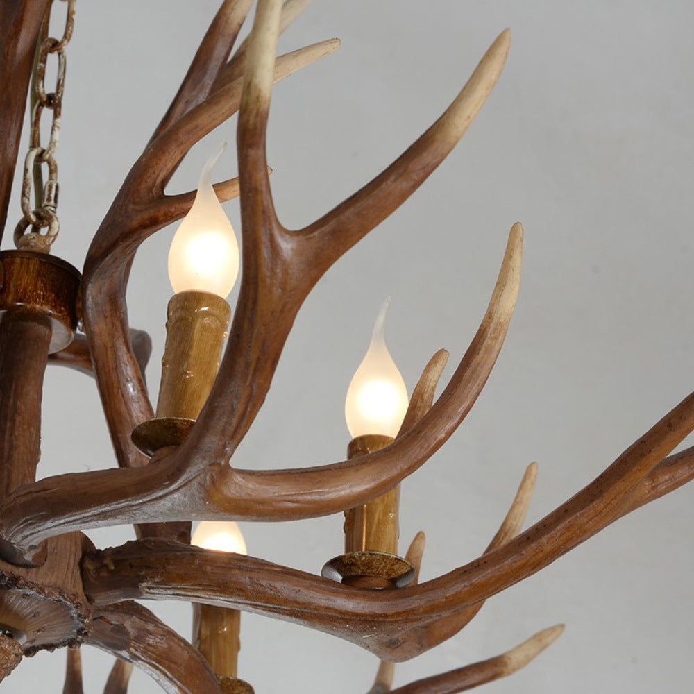 Rustic Deer Horn Chandelier with Adjustable Chain - 6-Light Original Wood Color - Retro Candlestick Shape Pendant Lamp