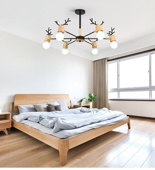 Wooden Antler Chandelier: Modern Simplicity Pendant Lights with Exposed Bulbs for Creative Bedroom Décor