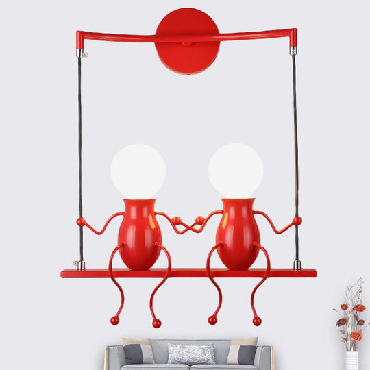 Kids Metal Sconce Light: Black/White/Red Little People, 2 Lights, Wall Fixture for Living Room