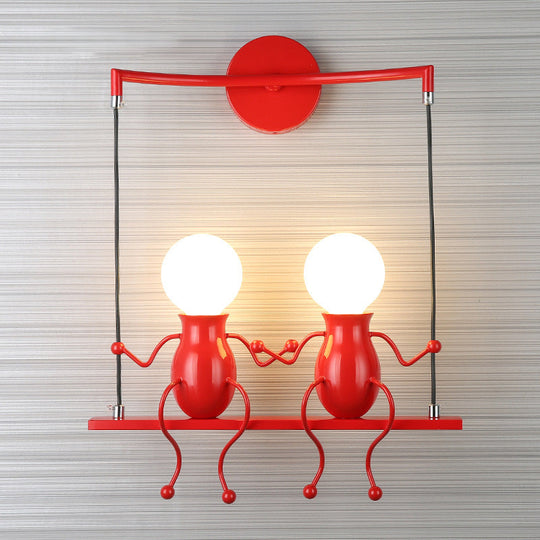 Kids Metal Sconce Light: Black/White/Red Little People, 2 Lights, Wall Fixture for Living Room