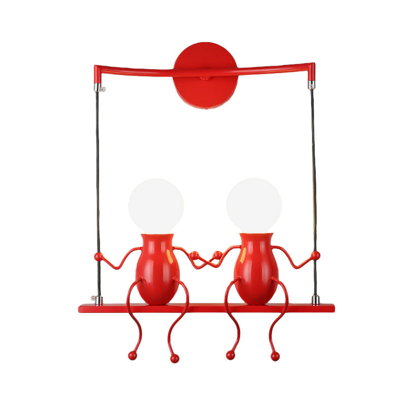 Kids Metal Sconce Light: Black/White/Red Little People, 2 Lights, Wall Fixture for Living Room