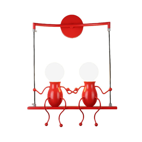 Kids Metal Sconce Light: Black/White/Red Little People, 2 Lights, Wall Fixture for Living Room