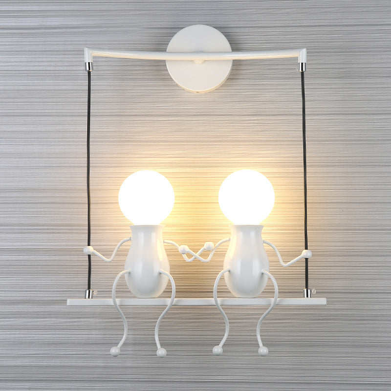 Kids Metal Sconce Light: Black/White/Red Little People, 2 Lights, Wall Fixture for Living Room