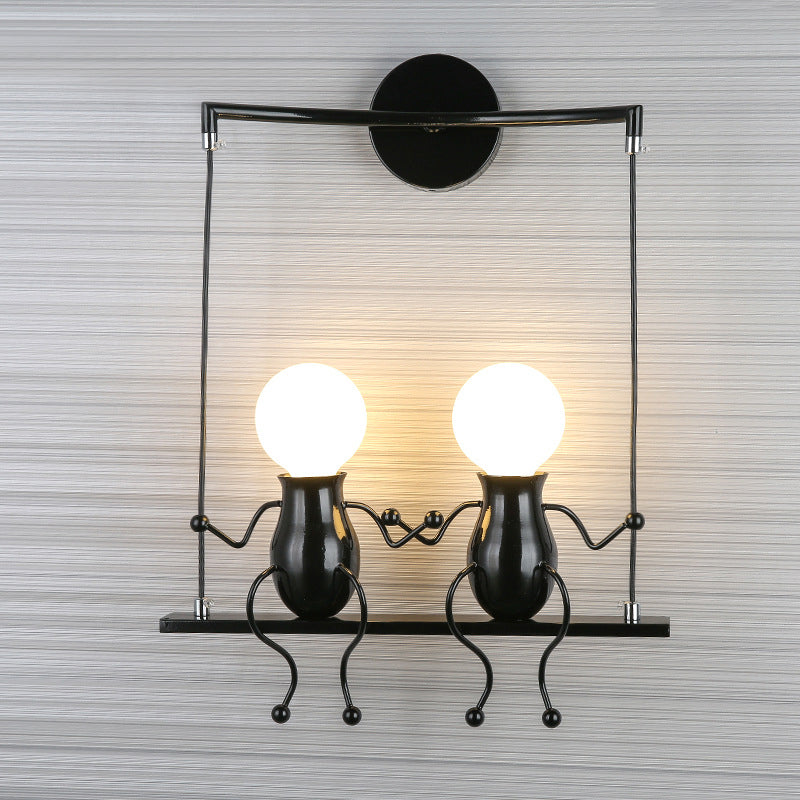 Kids Metal Sconce Light: Black/White/Red Little People, 2 Lights, Wall Fixture for Living Room
