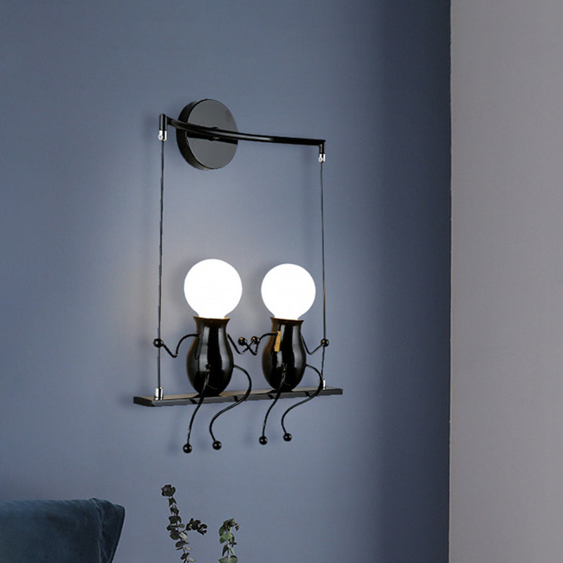 Kids Metal Sconce Light: Black/White/Red Little People, 2 Lights, Wall Fixture for Living Room
