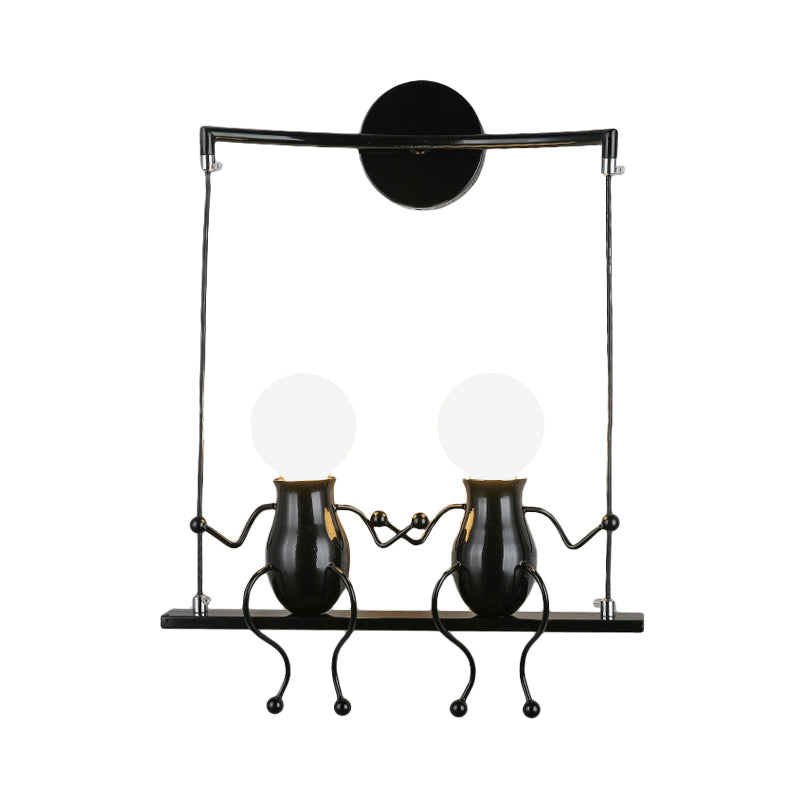 Kids Metal Sconce Light: Black/White/Red Little People, 2 Lights, Wall Fixture for Living Room