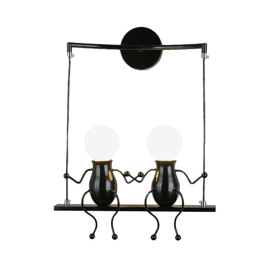 Kids Metal Sconce Light: Black/White/Red Little People, 2 Lights, Wall Fixture for Living Room