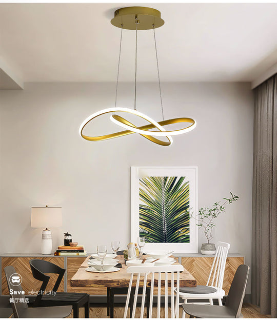 LED Line Chandelier - Modern Minimalist Style, White Acrylic Shade, Irregular Curved - Dining Room Hanging Light