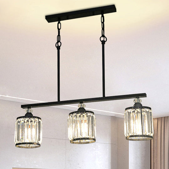 Clear Crystal Pendant Light with 3 Lights for Dining Room - Industrial Cone/Cylinder Island Lighting in Black