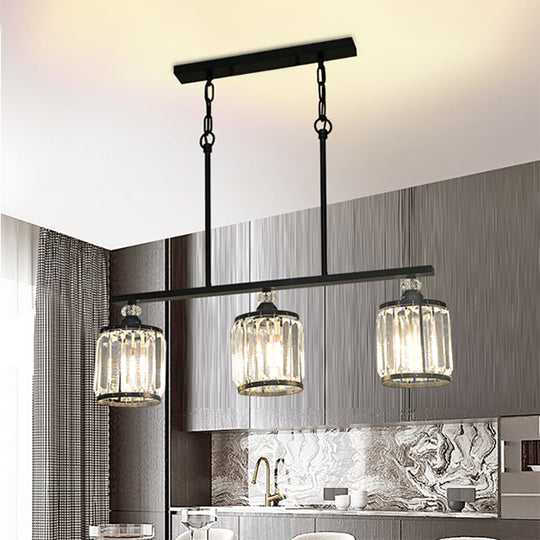 Clear Crystal Pendant Light with 3 Lights for Dining Room - Industrial Cone/Cylinder Island Lighting in Black
