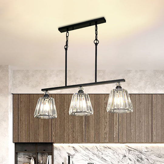 Clear Crystal Pendant Light with 3 Lights for Dining Room - Industrial Cone/Cylinder Island Lighting in Black