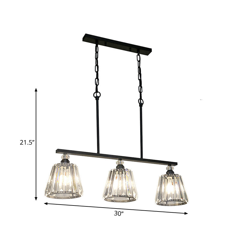 Clear Crystal Pendant Light with 3 Lights for Dining Room - Industrial Cone/Cylinder Island Lighting in Black