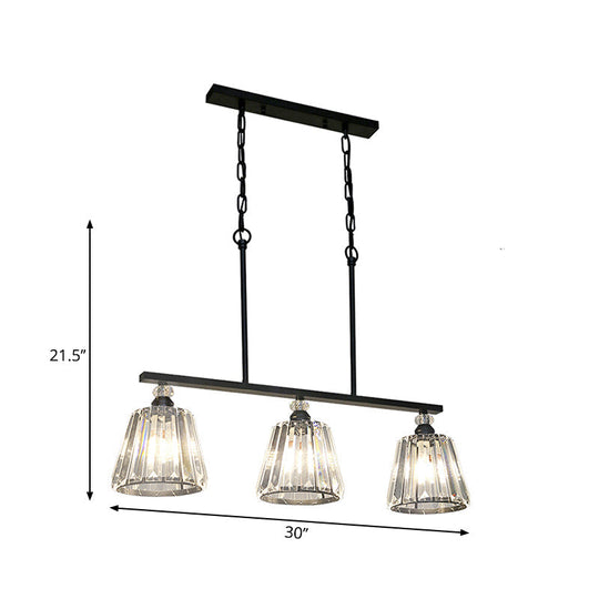 Clear Crystal Pendant Light with 3 Lights for Dining Room - Industrial Cone/Cylinder Island Lighting in Black