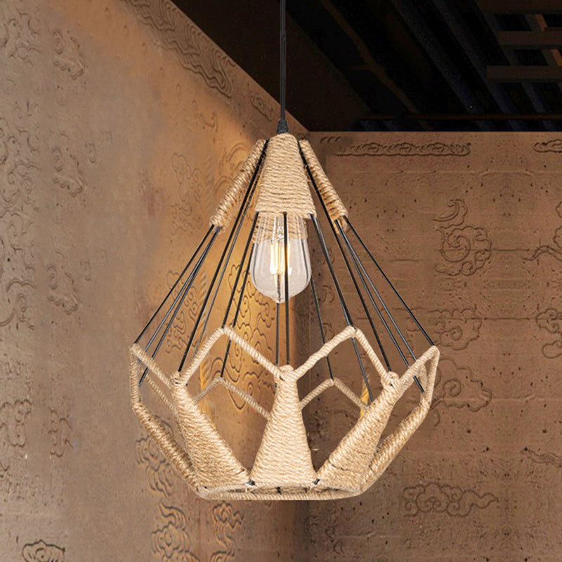 Industrial Beige Rope Pyramid Cage Pendant Light for Coffee Shop