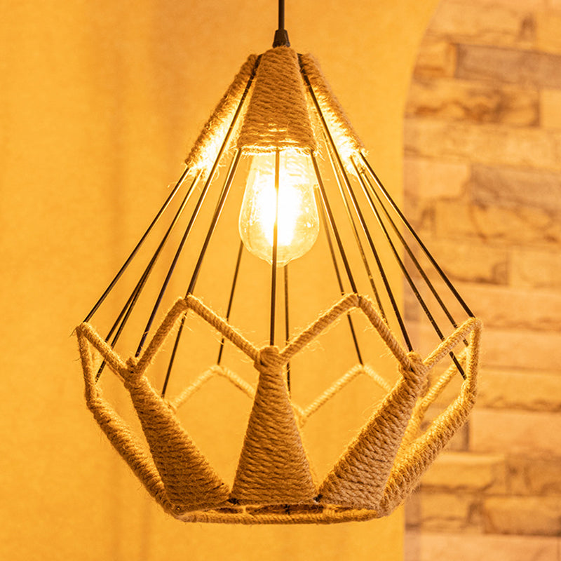 Industrial Beige Rope Pyramid Cage Pendant Light for Coffee Shop