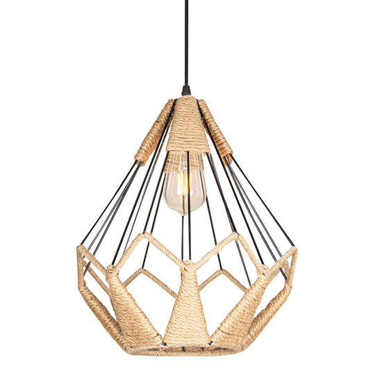 Industrial Beige Rope Pyramid Cage Pendant Light for Coffee Shop